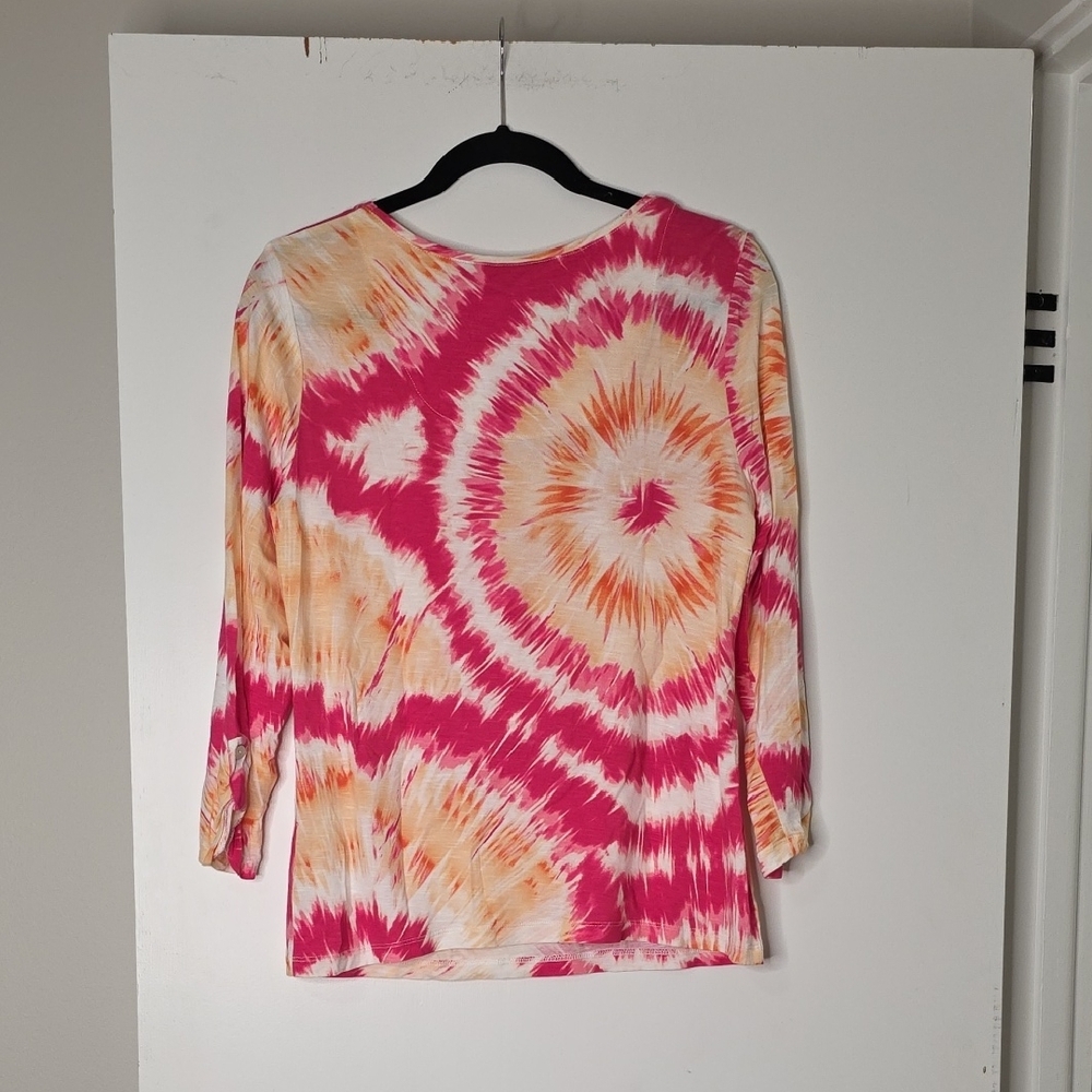 Chico's Pink and Orange Tie-Dye Scoop Neck Long Sleeve Top - Picture 3 of 4